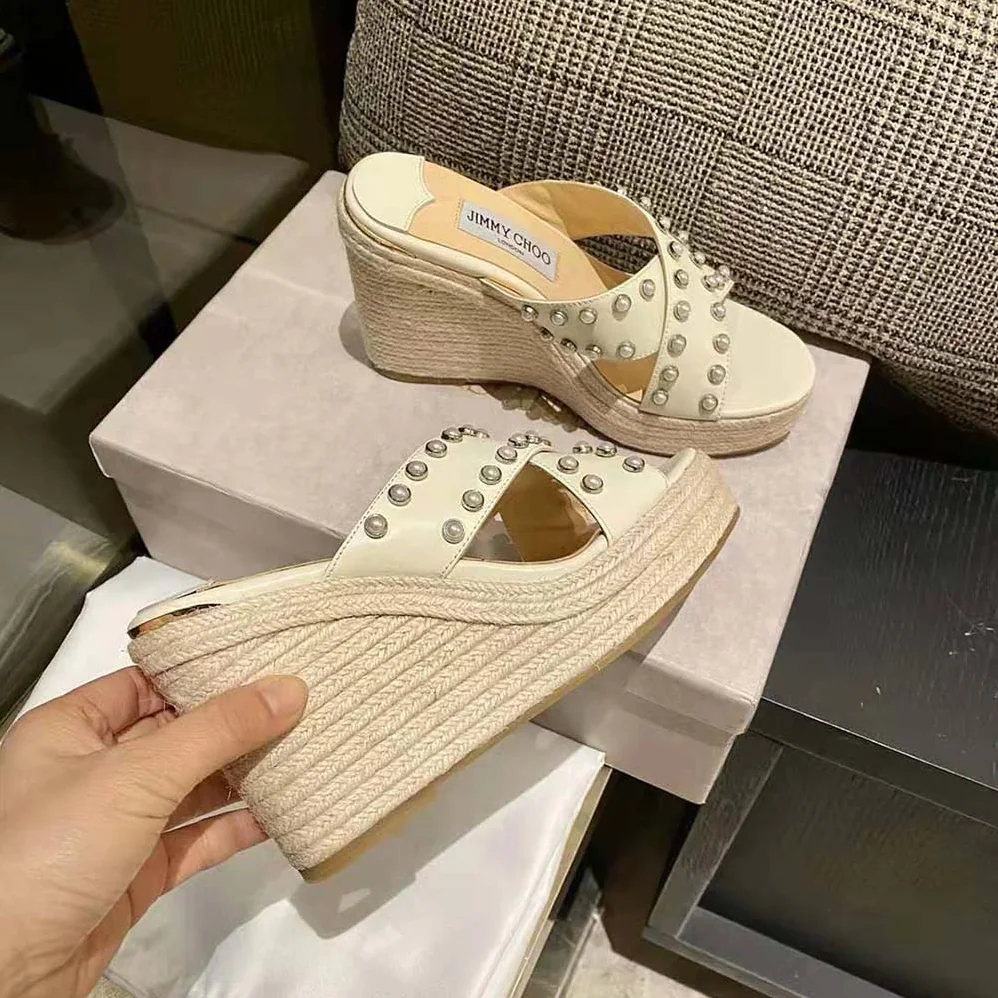 Jimmy Choo Dovina 100 Latte Nappa Wedges with Pearls for Women Jimmy Choo Dovina 100 Latte Nappa Wedges with Pearls for Women
