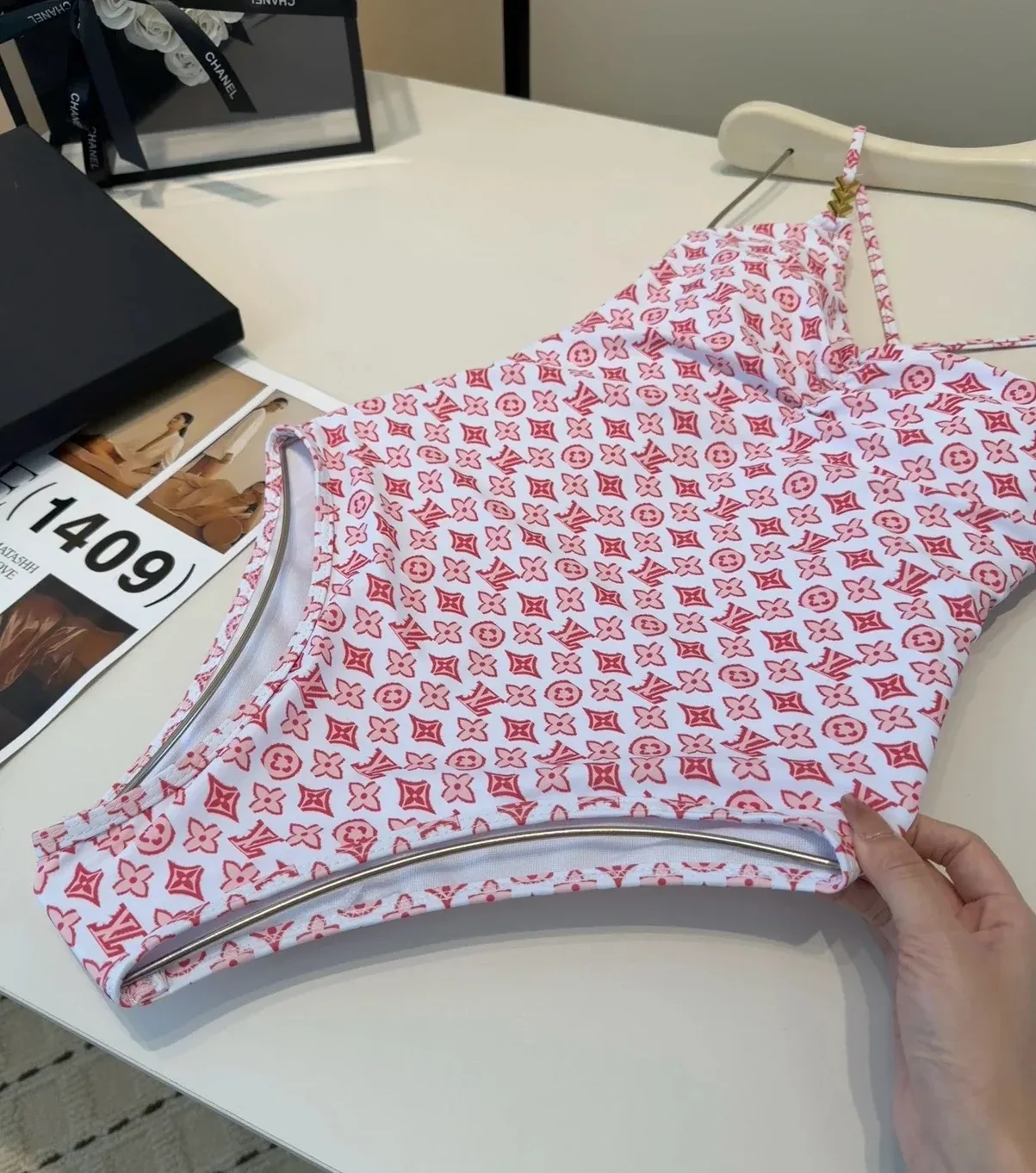 Louis Vuitton Chain Ruched One-Piece Swimsuit Pink/ Red Monogram