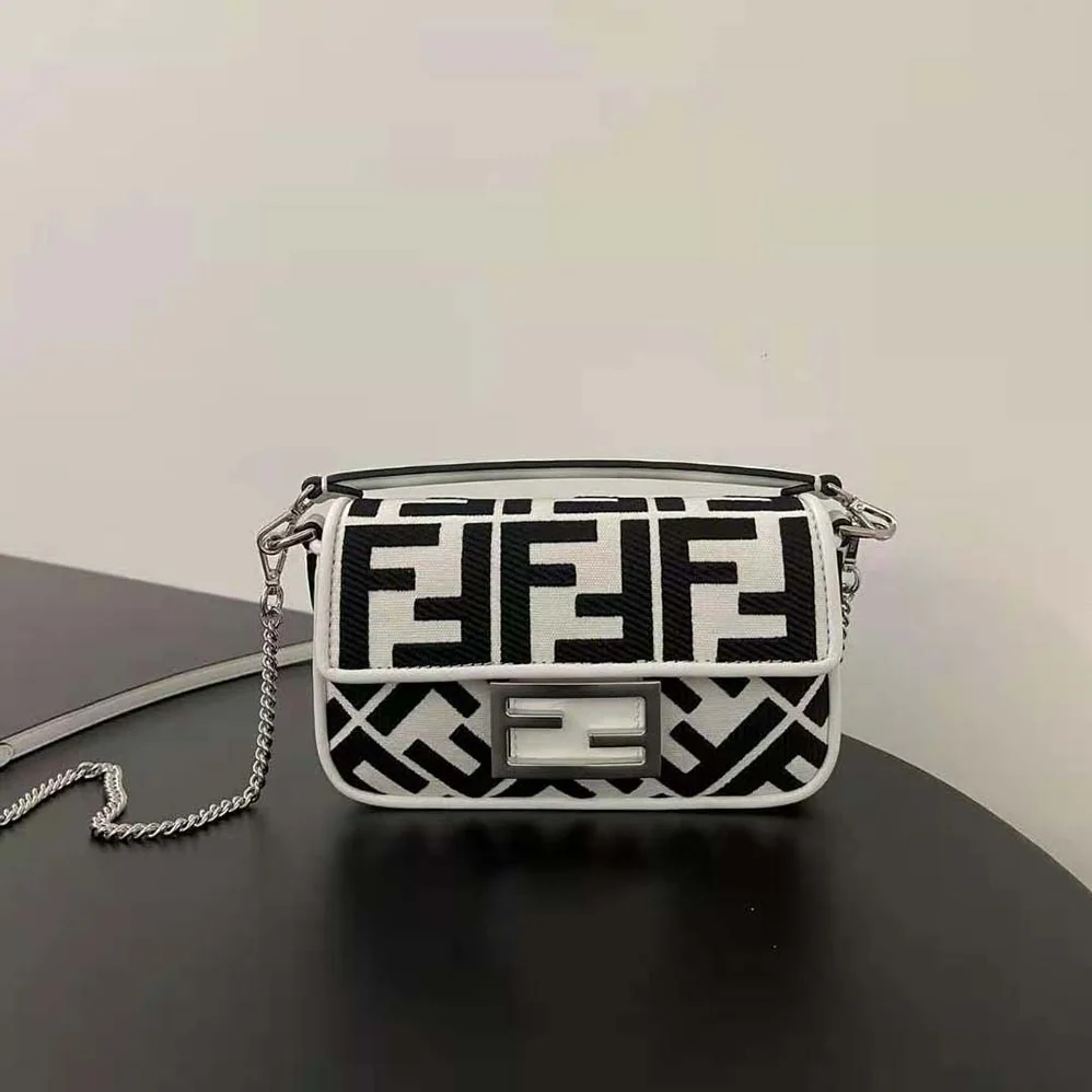 Fendi Baguette Mini White and Black Canvas Bag with FF Embroidery for Women Fendi Baguette Mini White and Black Canvas Bag with FF Embroidery for Women