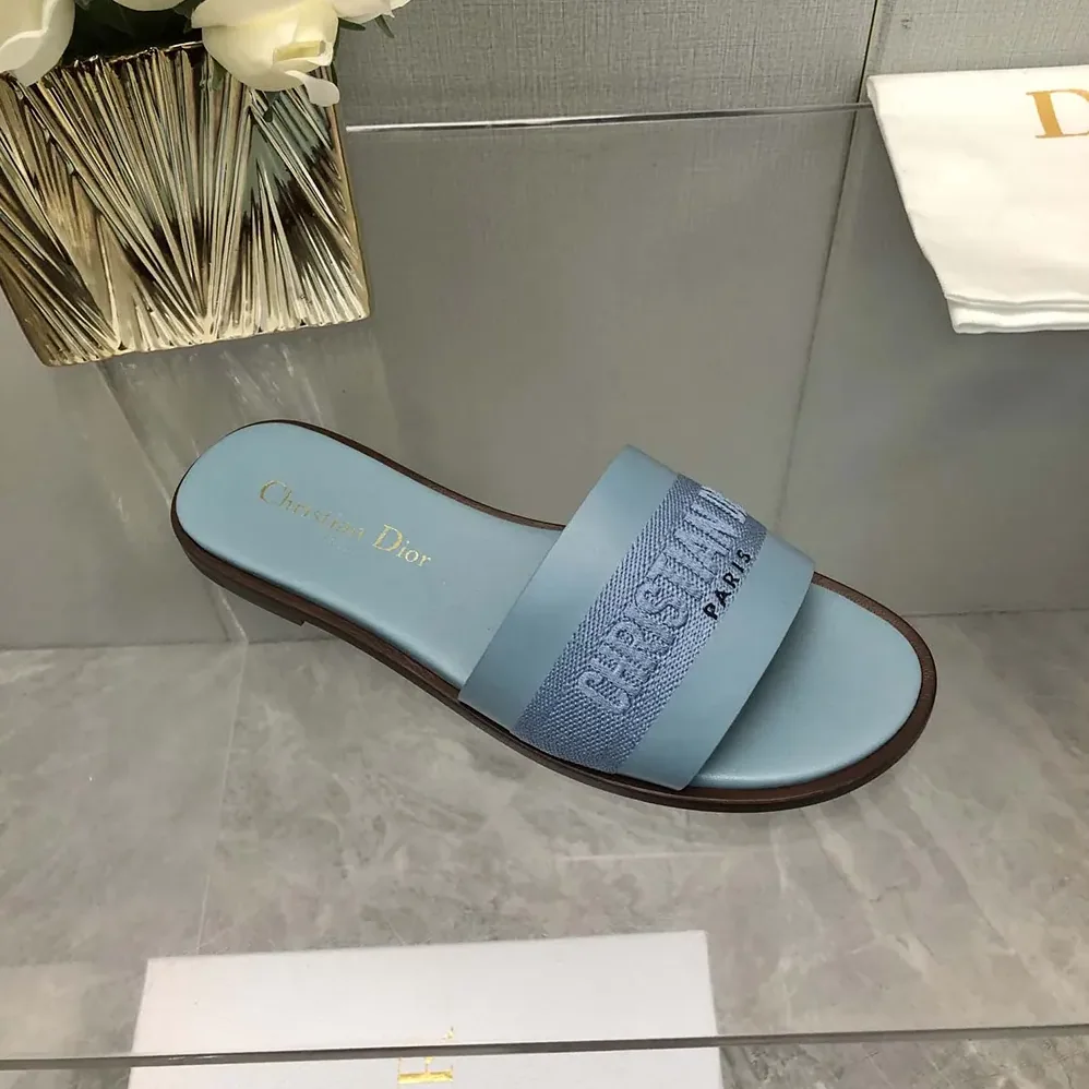 Dior Dway Slide Pastel Blue Calfskin and Embroidered Cotton for Women