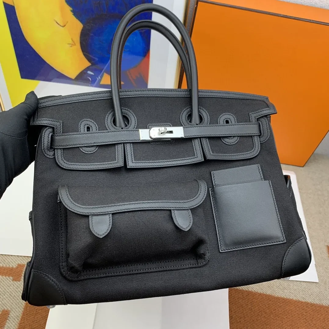 Hermes Birkin Cargo 35 Top Handle Bag in Black Silver Hardware Hermes Birkin Cargo 35 Top Handle Bag in Black Silver Hardware