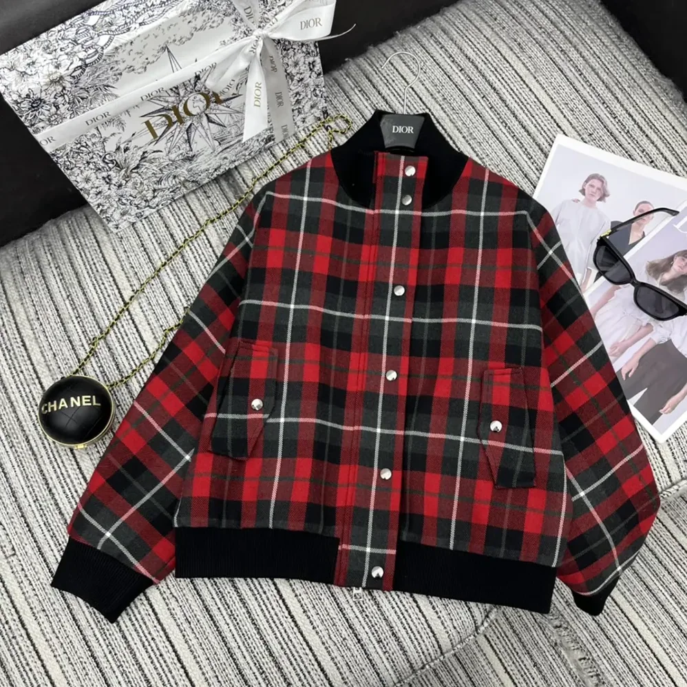 Dior Cannage Bomber Jacket with Vest Red, Gray and Black Check'n'Dior Virgin Wool for Women