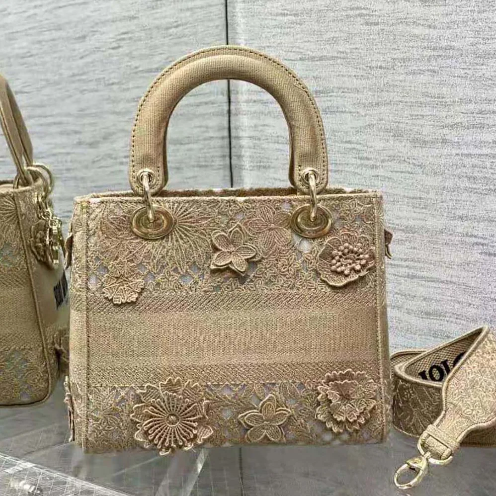 Dior Medium Lady D-lite Bag Natural D-Lace Embroidery with 3D Macramé Effect for Women
