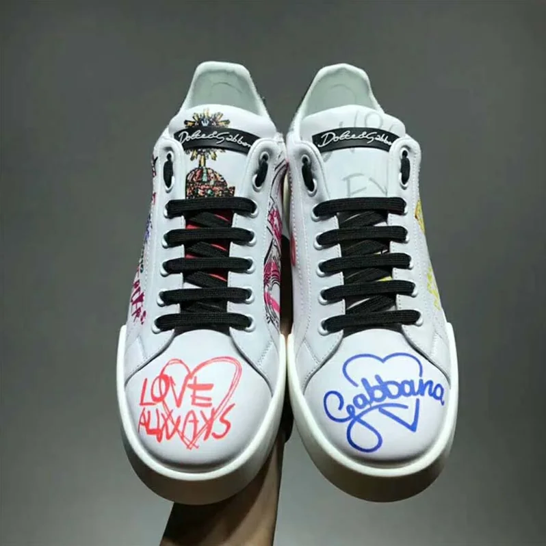 Dolce Gabbana D&G Shoes Portofino Sneakers in Printed Nappa Calfskin for Men in White