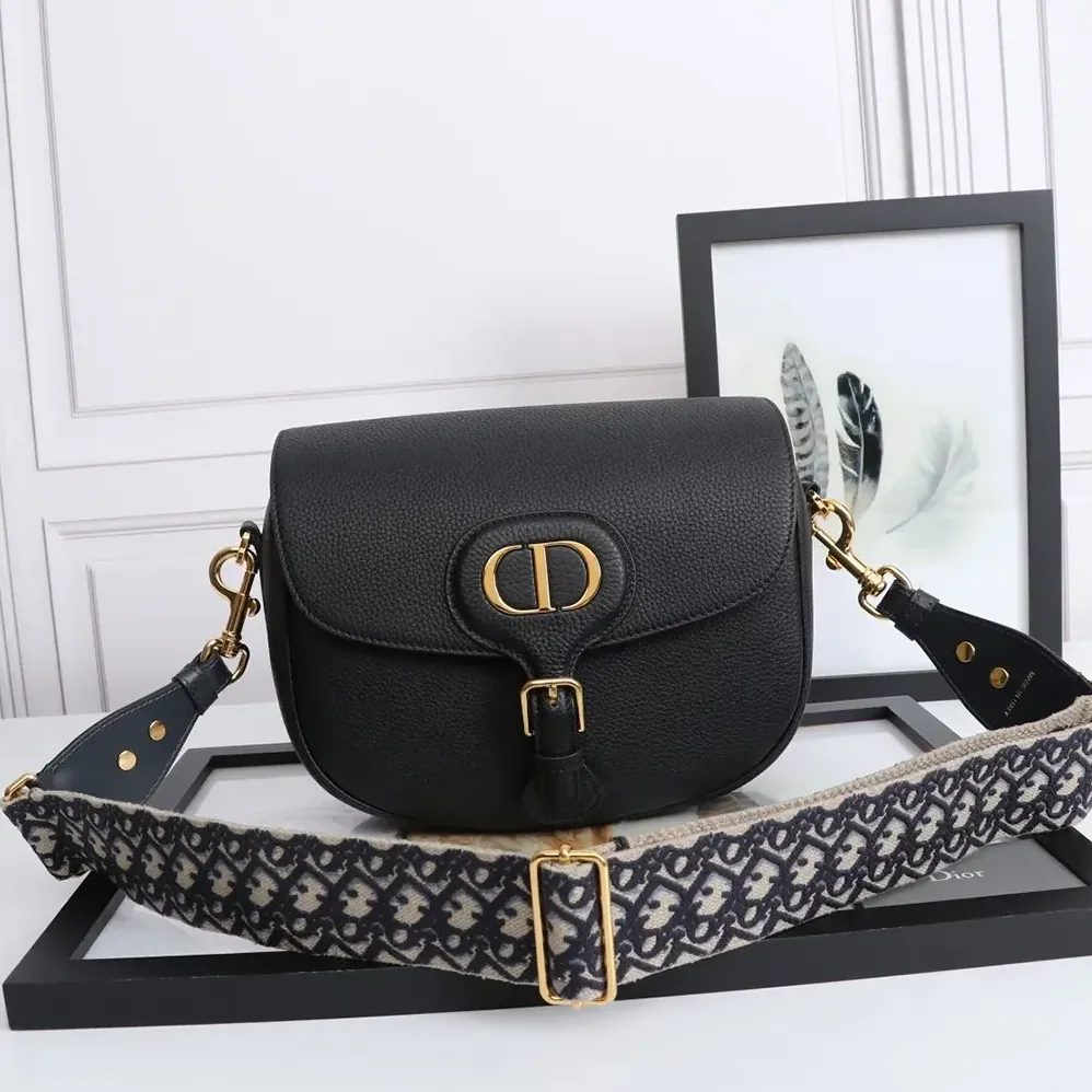 Dior Large Dior Bobby Bag Black Grained Calfskin with Embroidered Shoulder Strap for Women