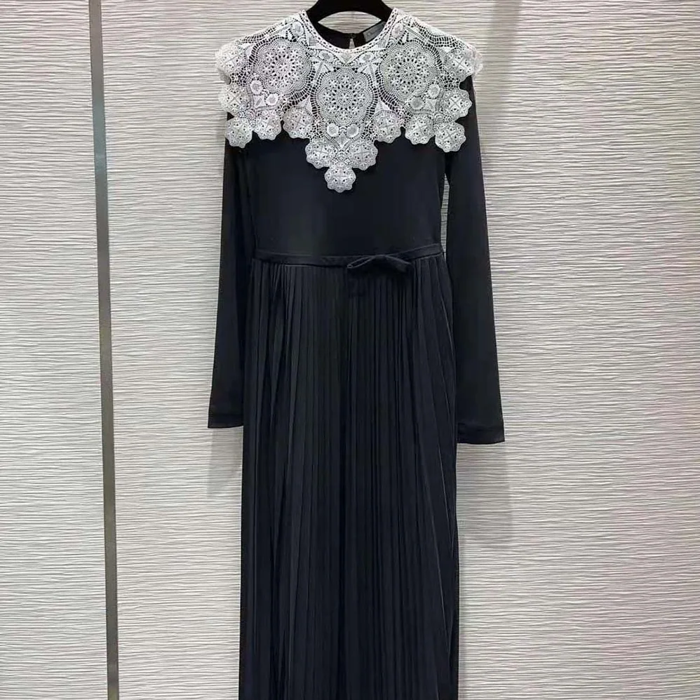 Dior Mid-Length Pleated Dress Black Technical Jersey and White Lace for Women Dior Mid-Length Pleated Dress Black Technical Jersey and White Lace for Women