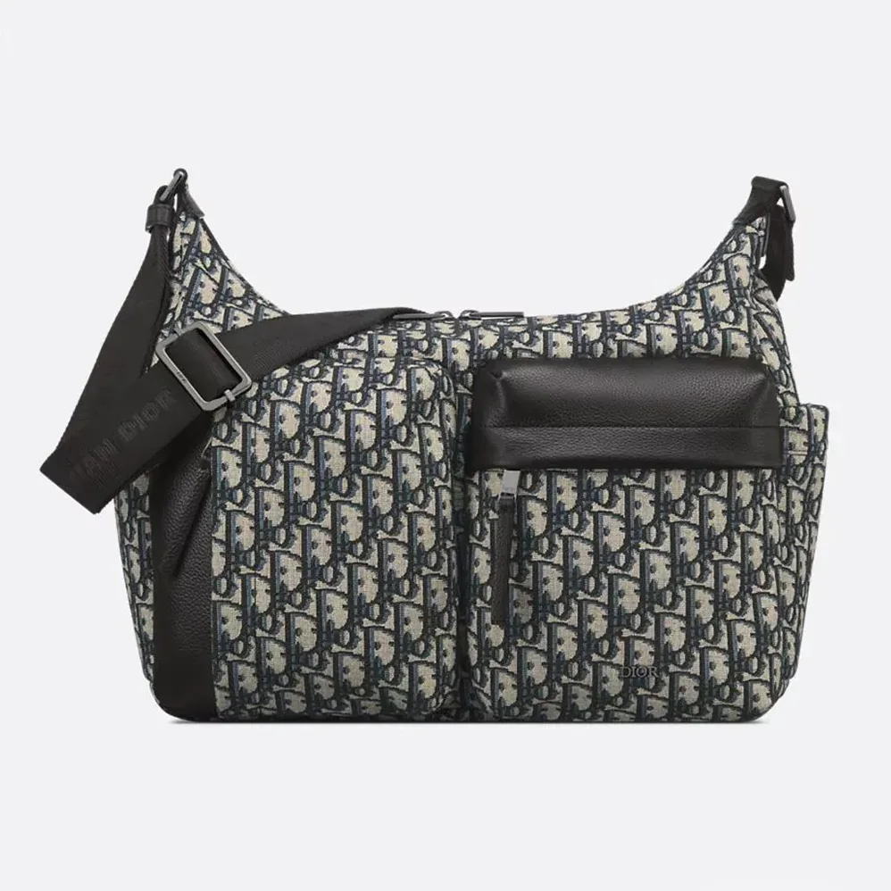 Dior Medium Rider Soft Hobo Bag Beige and Black Dior Oblique Jacquard with Black Grained Calfskin for Men