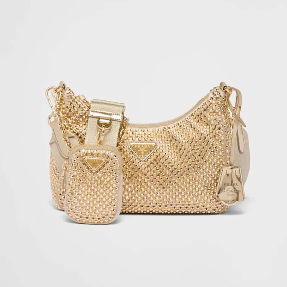 Prada Re-Edition 2005 Satin Bag with Crystals for Women in Gold