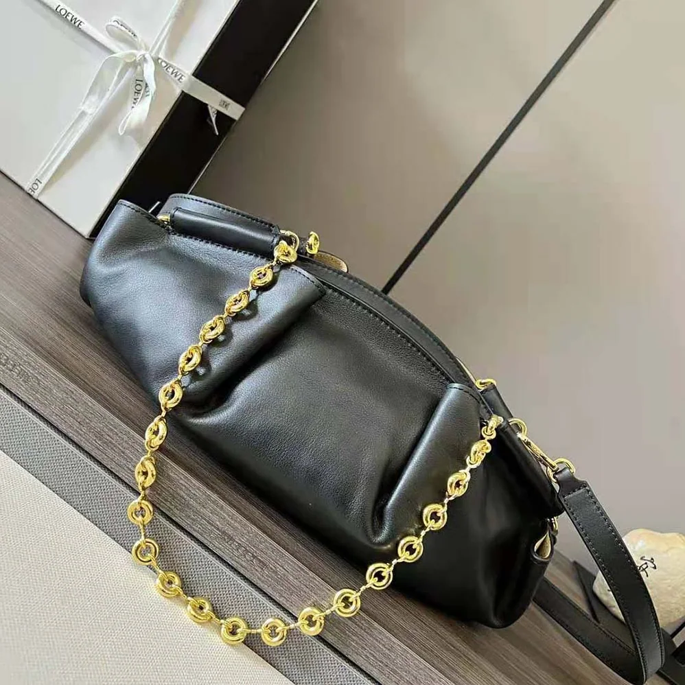 Loewe Small Paseo Bag in Shiny Nappa Calfskin with Chain for Women in Black