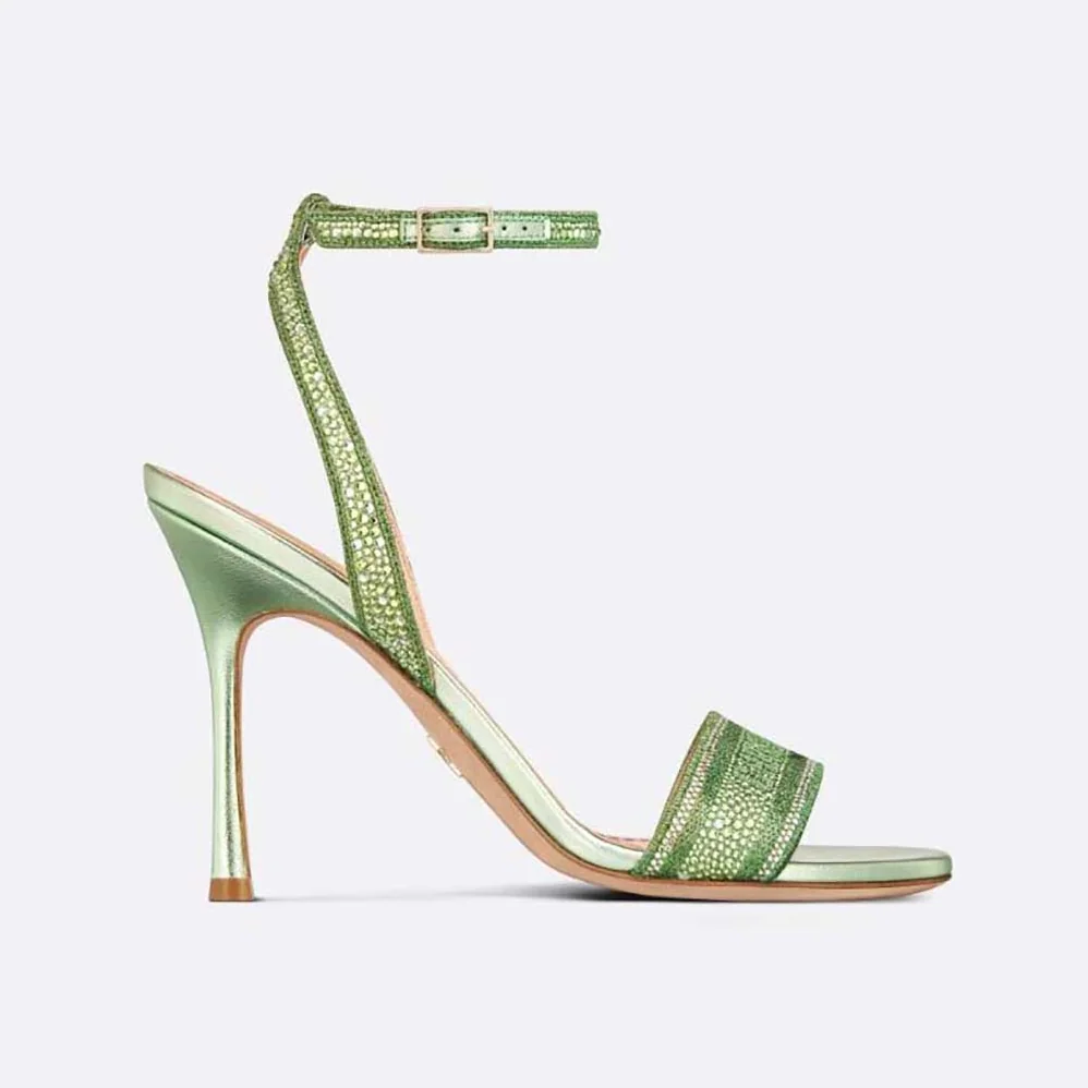 Dior Dway Heeled Slide Green Cotton Embroidered with Metallic Thread and Strass for Women Dior Dway Heeled Slide Green Cotton Embroidered with Metallic Thread and Strass for Women