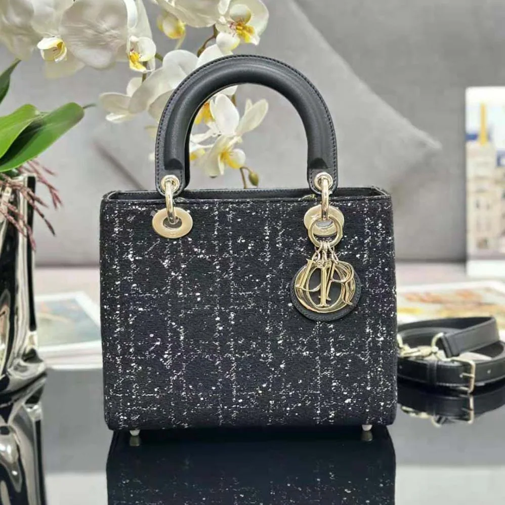 Dior Medium Lady D-lite Bag Black Cannage Tweed for Women Dior Medium Lady D-lite Bag Black Cannage Tweed for Women
