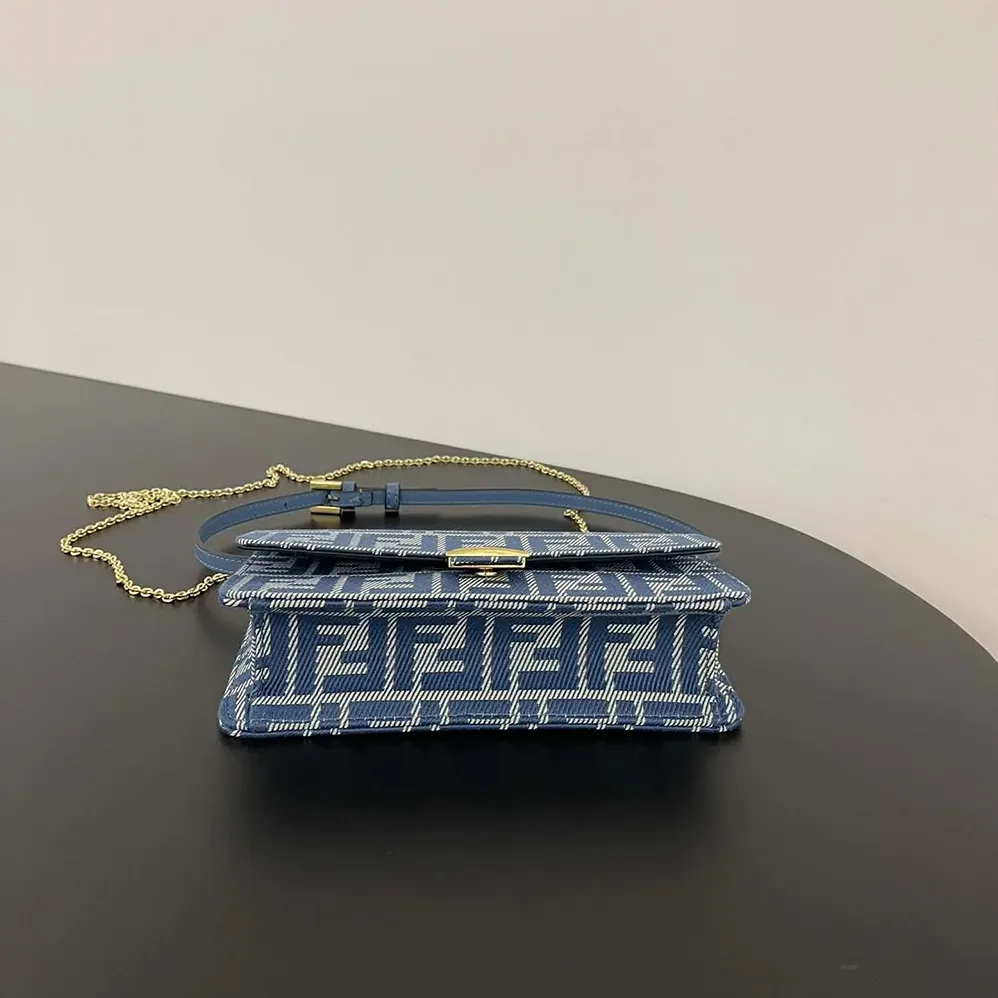 Fendi Wallet On Chain Baguette Blue Denim for Women in effect FF Jacquard Wallet