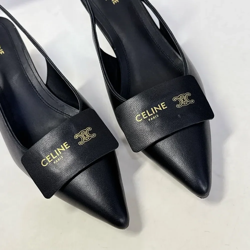 Celine Signature-Slingback With Label In Lambskin for Women in Black Celine Signature-Slingback With Label In Lambskin for Women in Black