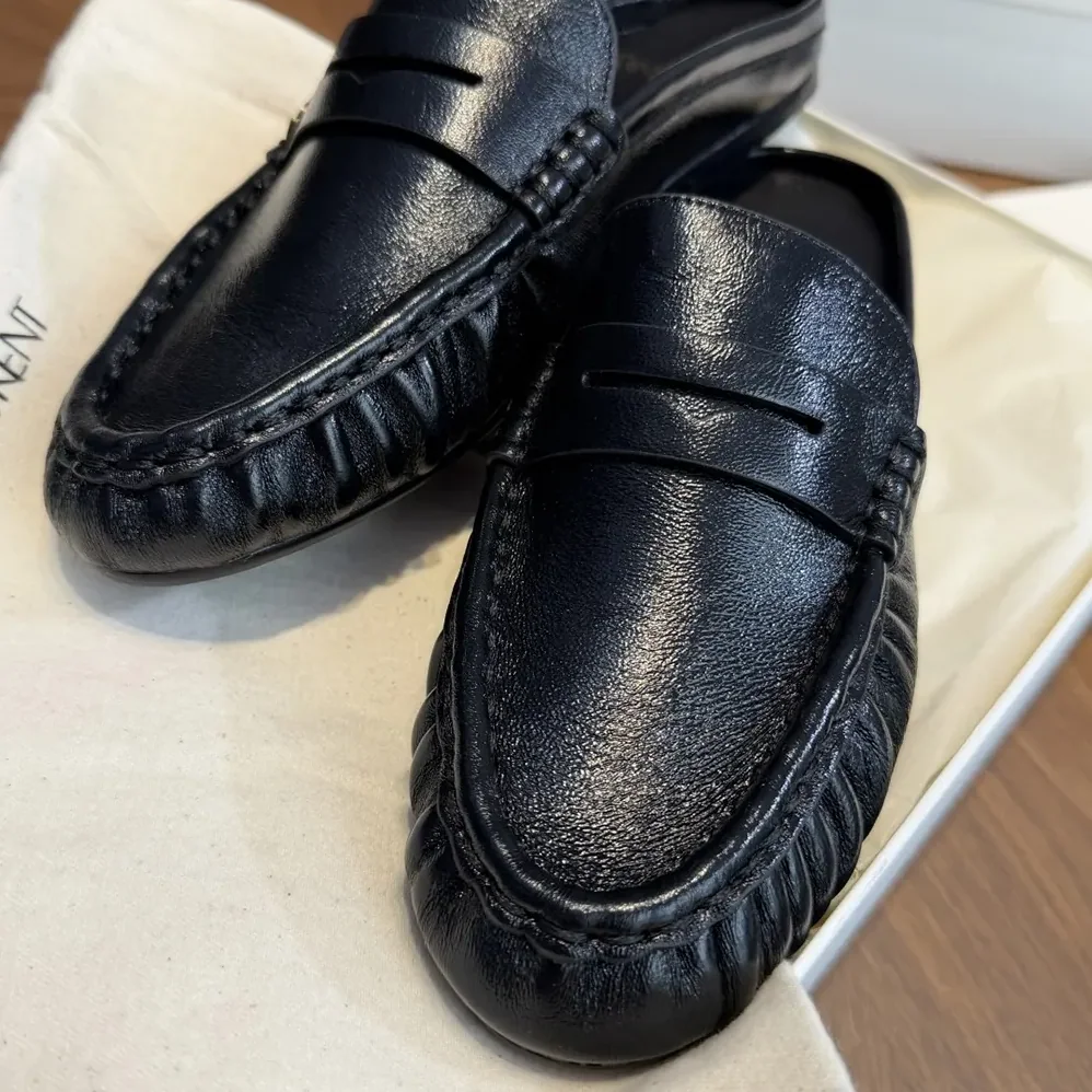 Saint Laurent YSL Le Loafer Mules in Shiny Creased Leather for Unisex