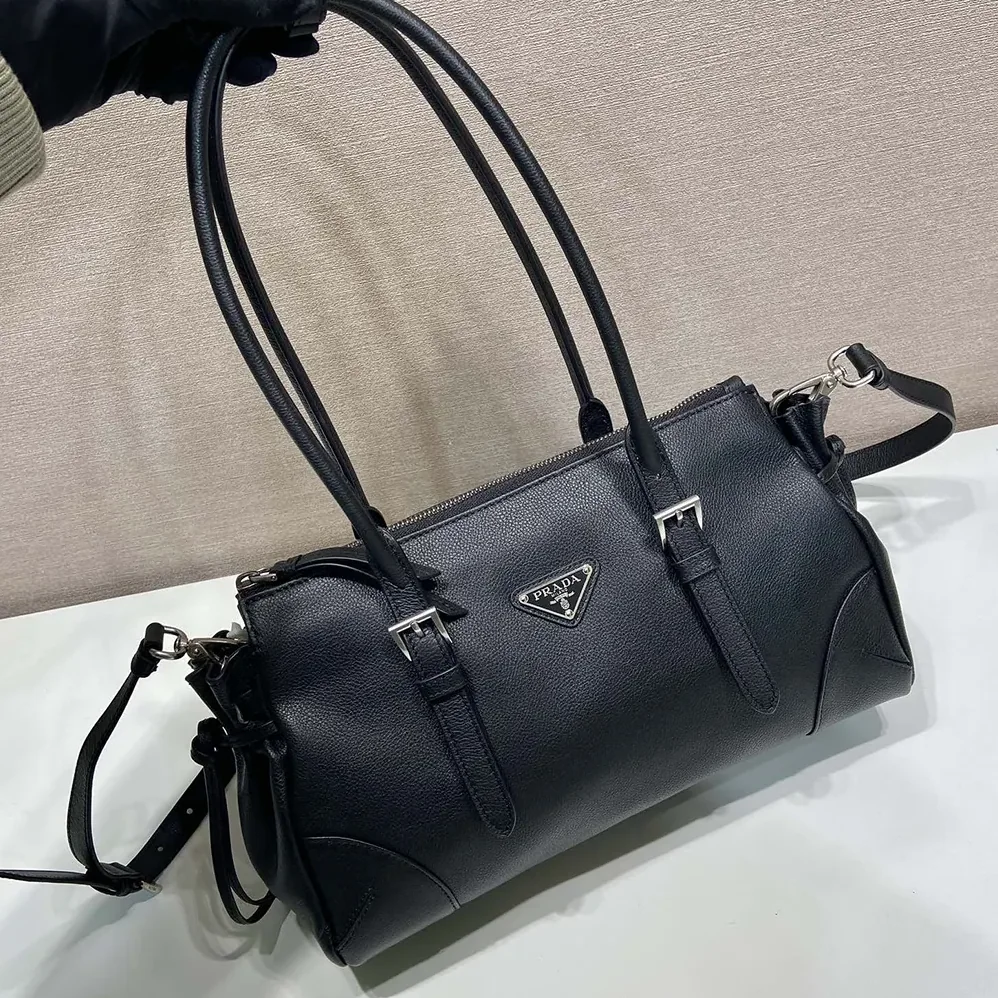 Prada Bonnie Medium Antiqued Leather Tote Bag for Women in Black