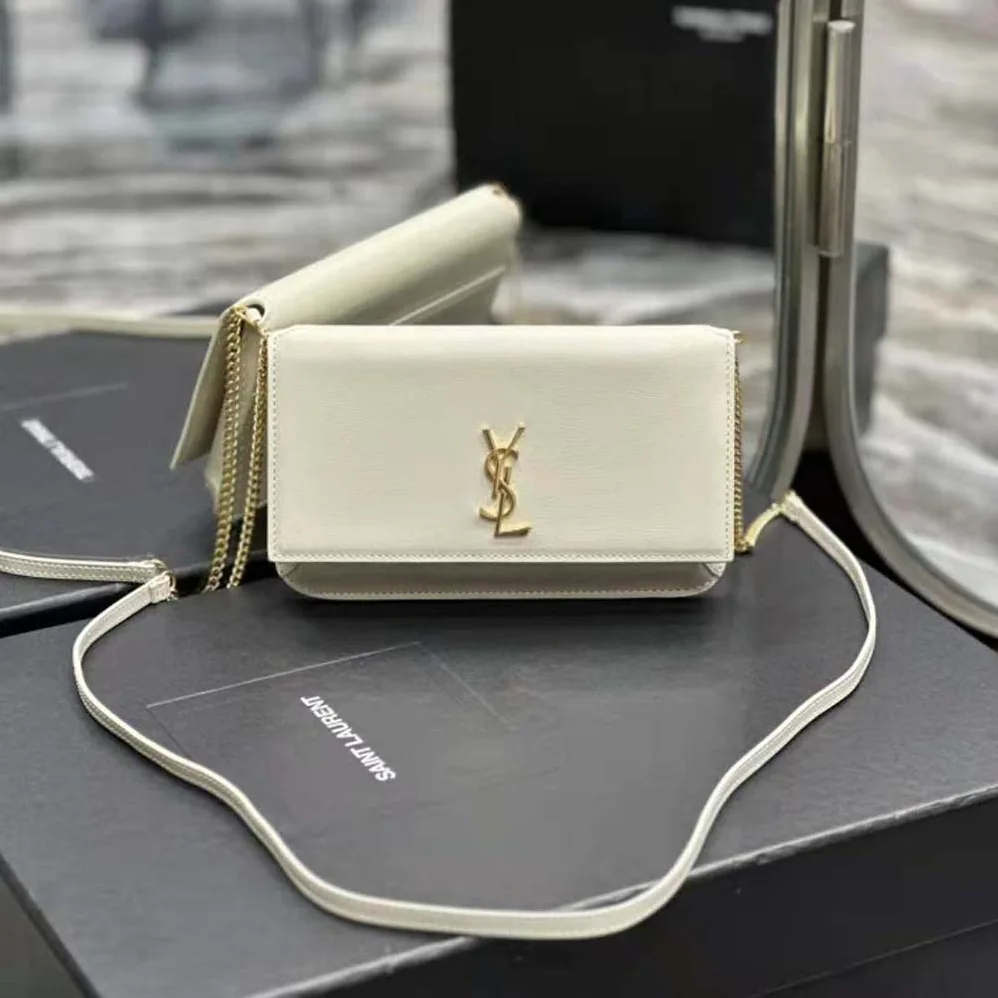 Saint Laurent YSL Cassandre Phone Holder with Strap in Smooth Leather for Women in White Saint Laurent YSL Cassandre Phone Holder with Strap in Smooth Leather for Women in White