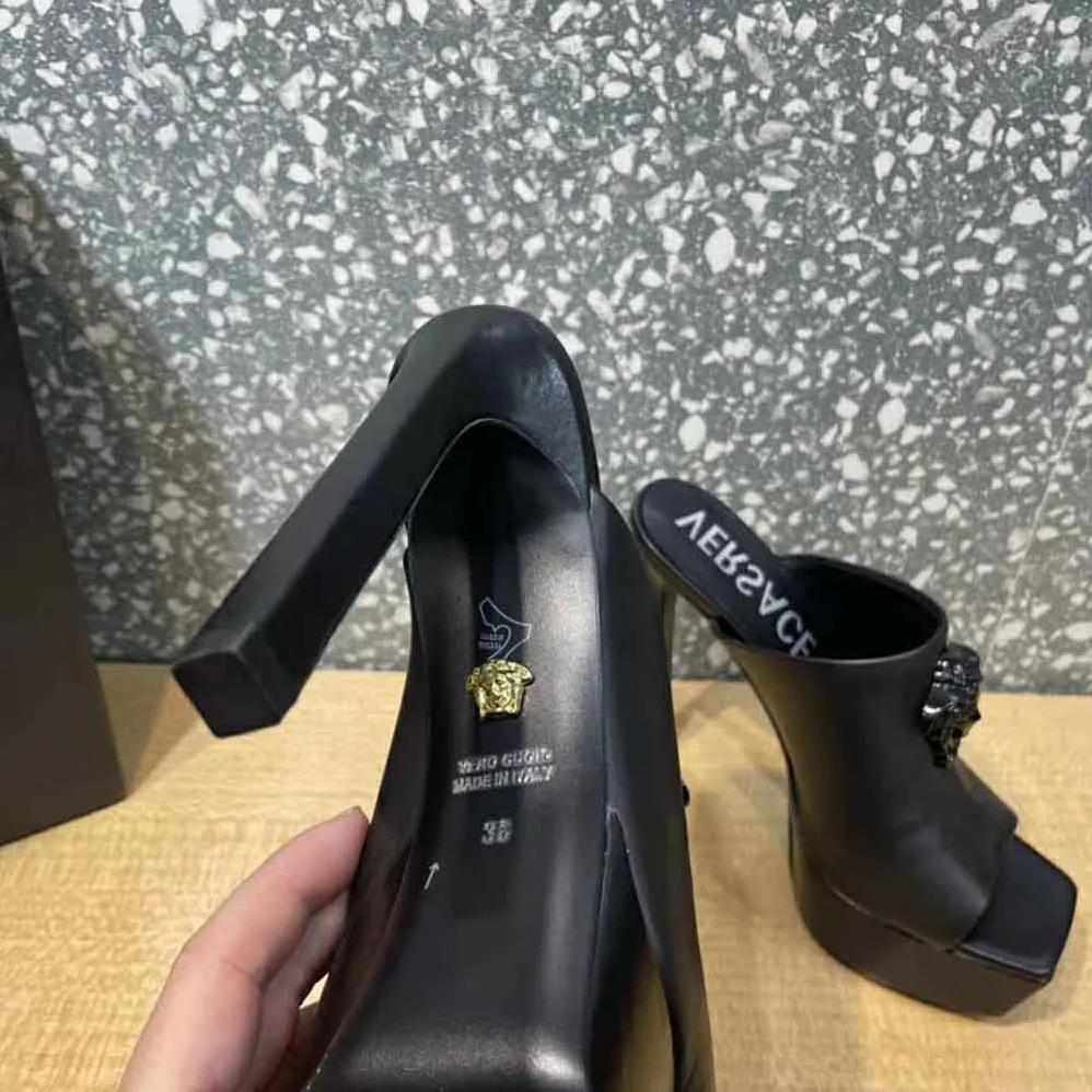 Versace La Medusa Platform Mules in Calf Leather for Women in Black Versace La Medusa Platform Mules in Calf Leather for Women in Black