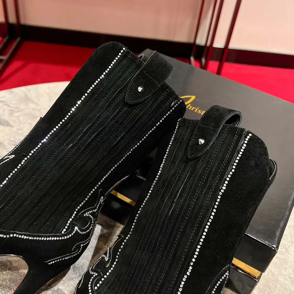 Christian Louboutin Santigag Strass 85 mm Low Boots Veau Velours and Strass for Women in Black Christian Louboutin Santigag Strass 85 mm Low Boots Veau Velours and Strass for Women in Black