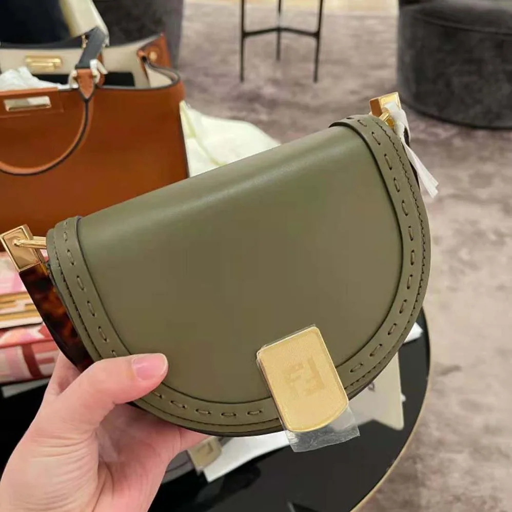 Fendi Moonlight Hand-Stitched Leather Satchel Bag for Women in Green