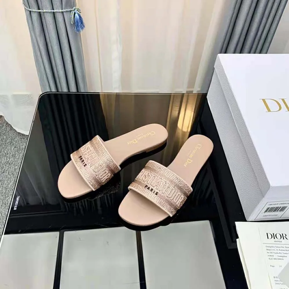 Dior Dway Slide Rose Des Vents Cotton Embroidered with Metallic Thread and Strass for Women