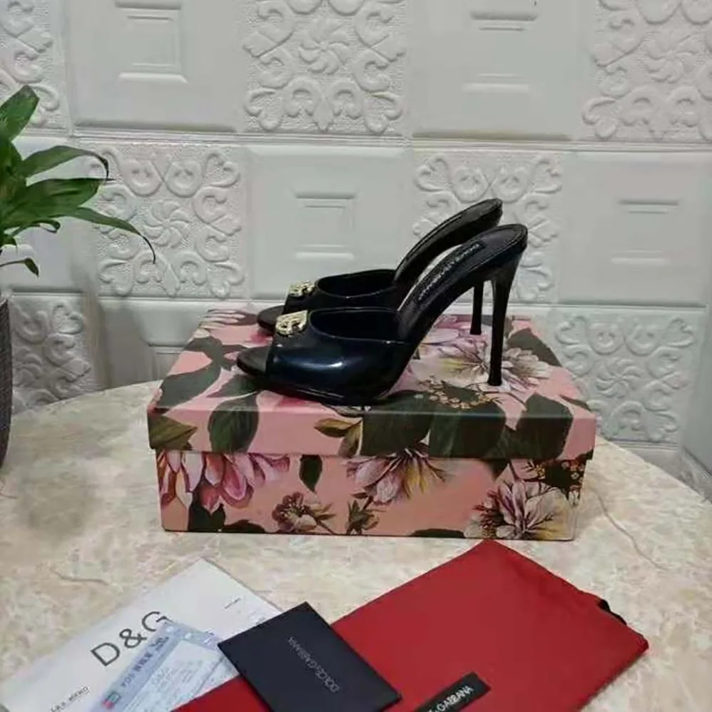 Dolce Gabbana D&G Patent Leather Mules with DG Logo for Women in Black