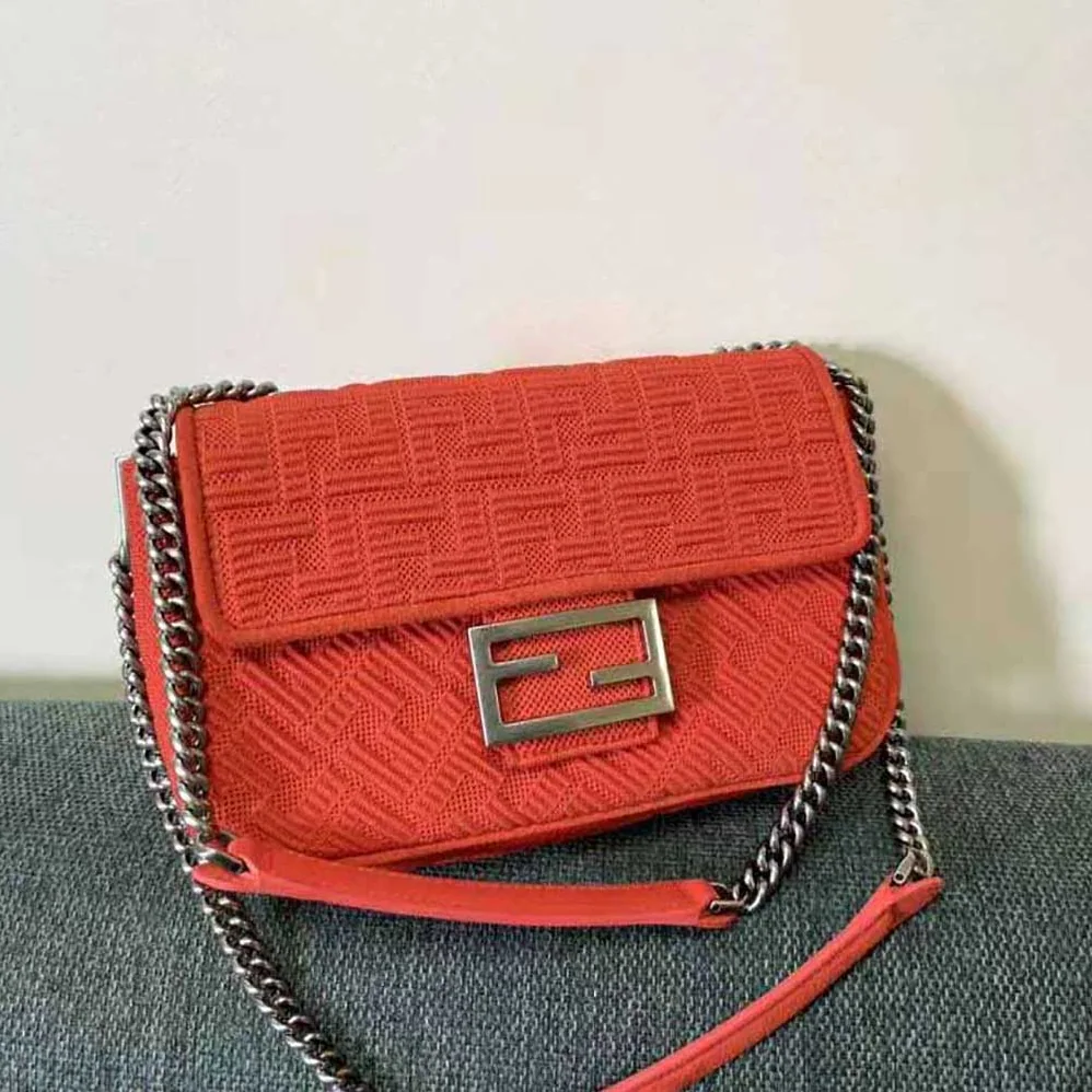 Fendi Midi Baguette Chain FF Fabric Bag for Women in Red