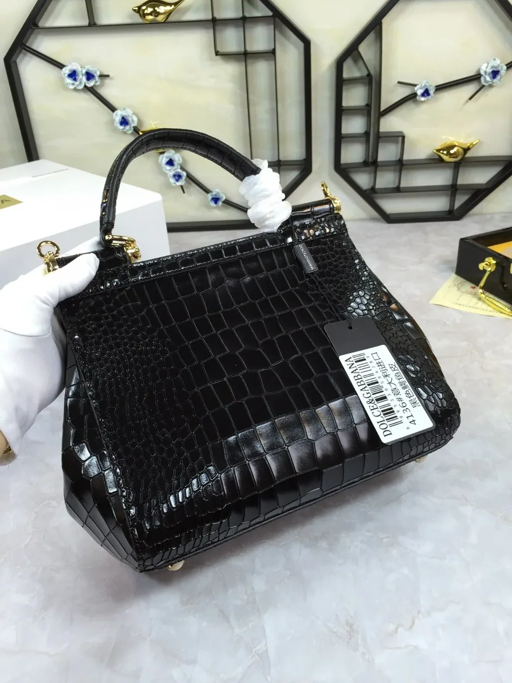 Dolce & Gabbana Medium Sicily Bag In Foiled Crocodile in Print Black / DG