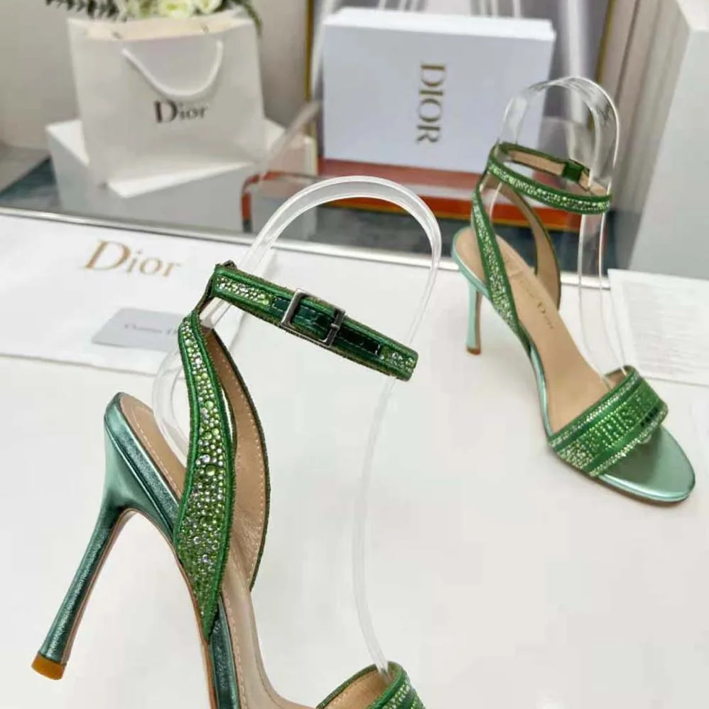 Dior Dway Heeled Slide Green Cotton Embroidered with Metallic Thread and Strass for Women Dior Dway Heeled Slide Green Cotton Embroidered with Metallic Thread and Strass for Women