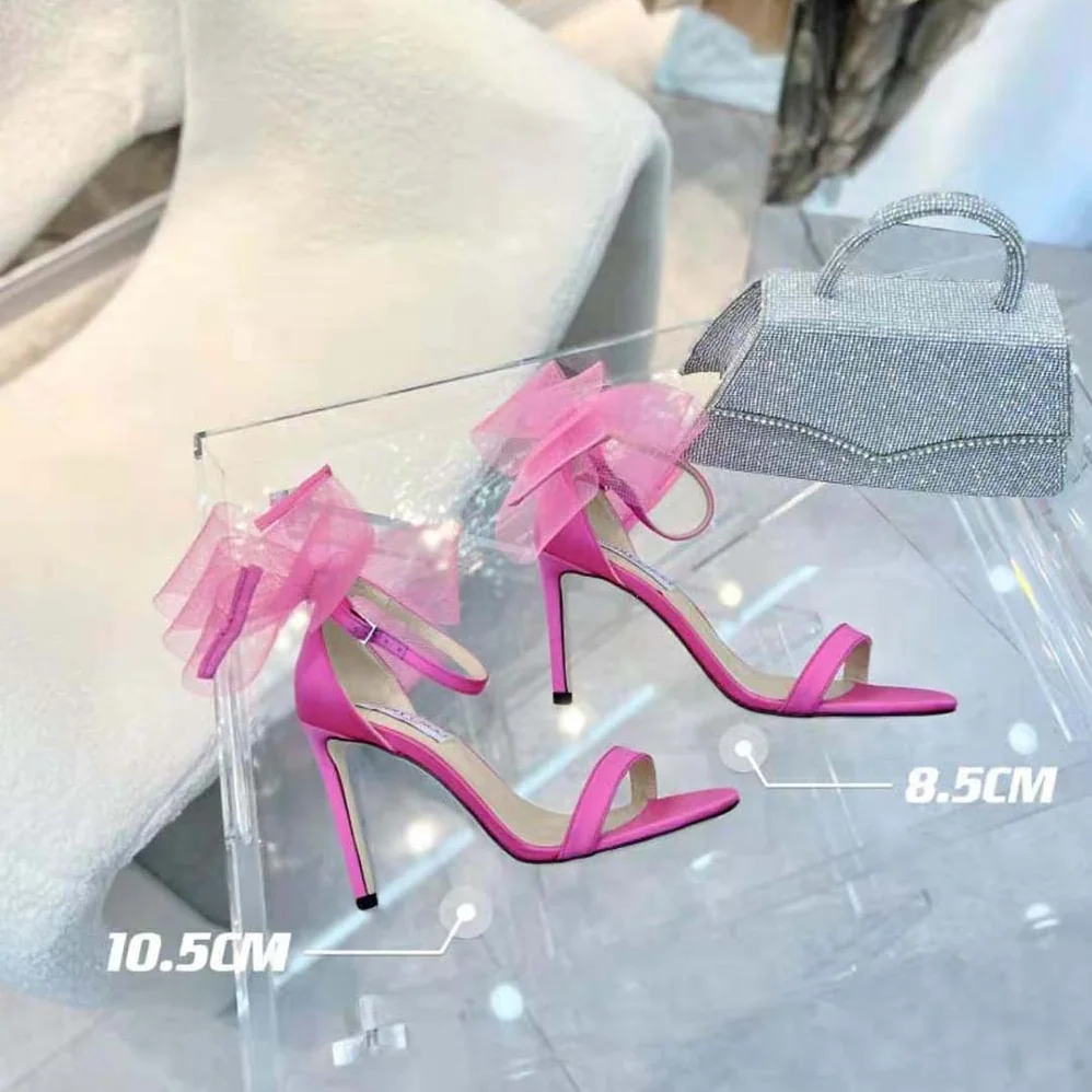 Jimmy Choo Aveline 100 Fuchsia Sandals with Asymmetric Grosgrain Mesh Fascinator Bows for Women