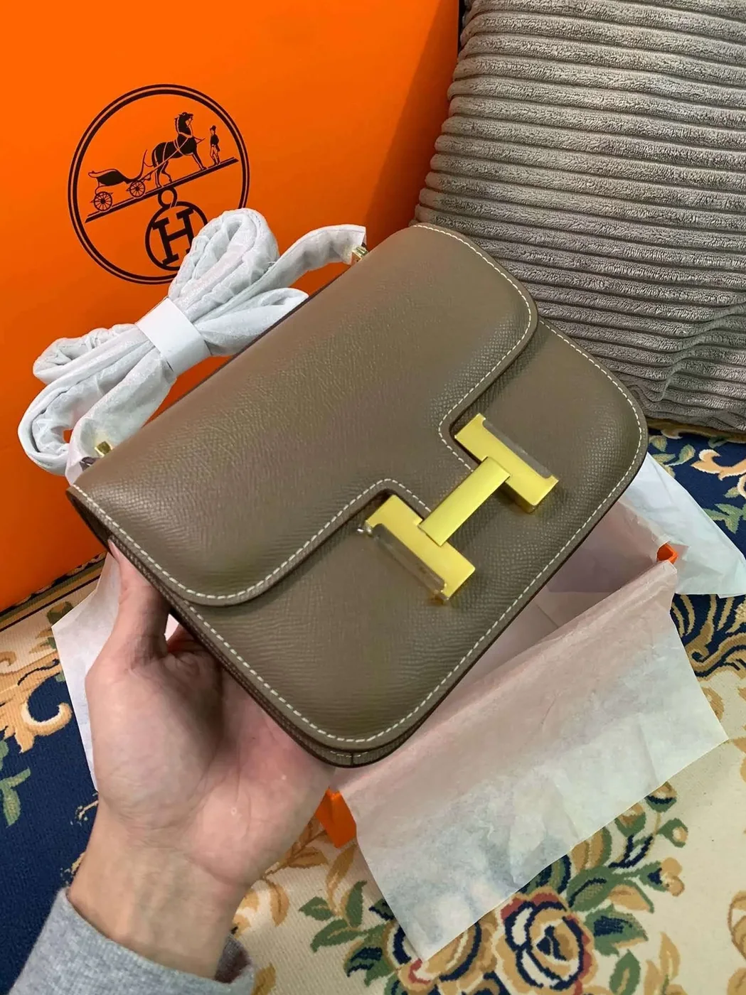 Hermes Constance 18 Crossbody Bag in Khaki Green Gold Hardware