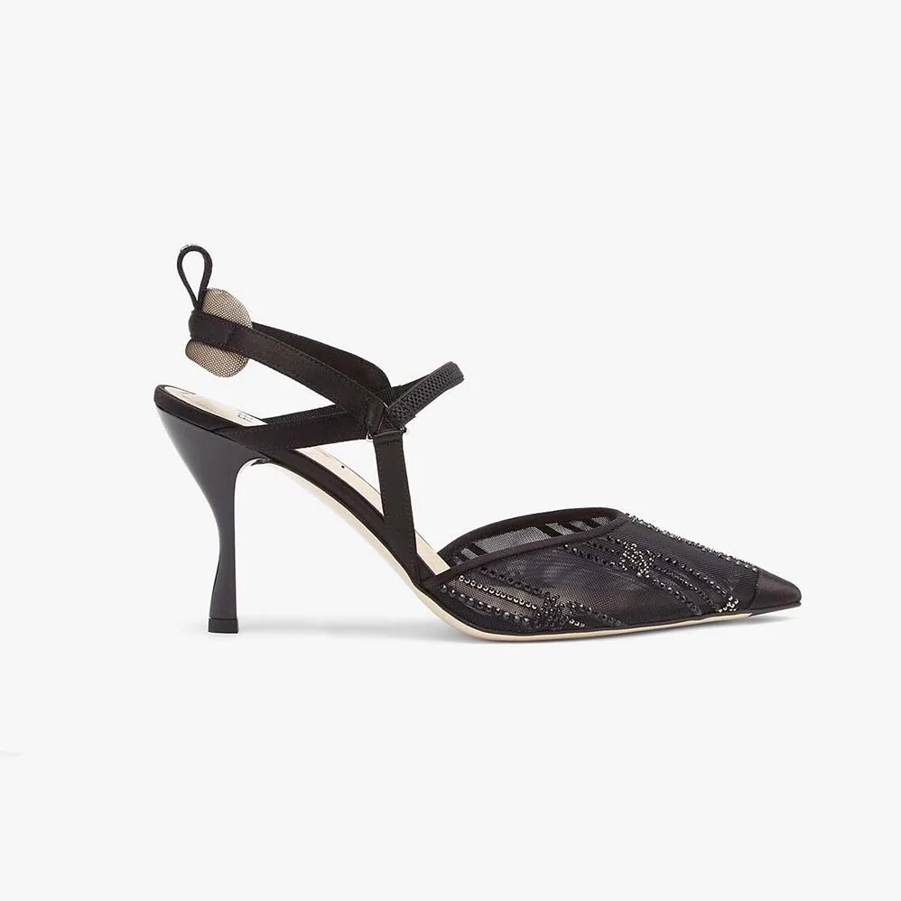 Fendi Colibri Black Mesh High-Heeled Slingbacks with Rhinestone Embroidery for Women Fendi Colibri Black Mesh High-Heeled Slingbacks with Rhinestone Embroidery for Women