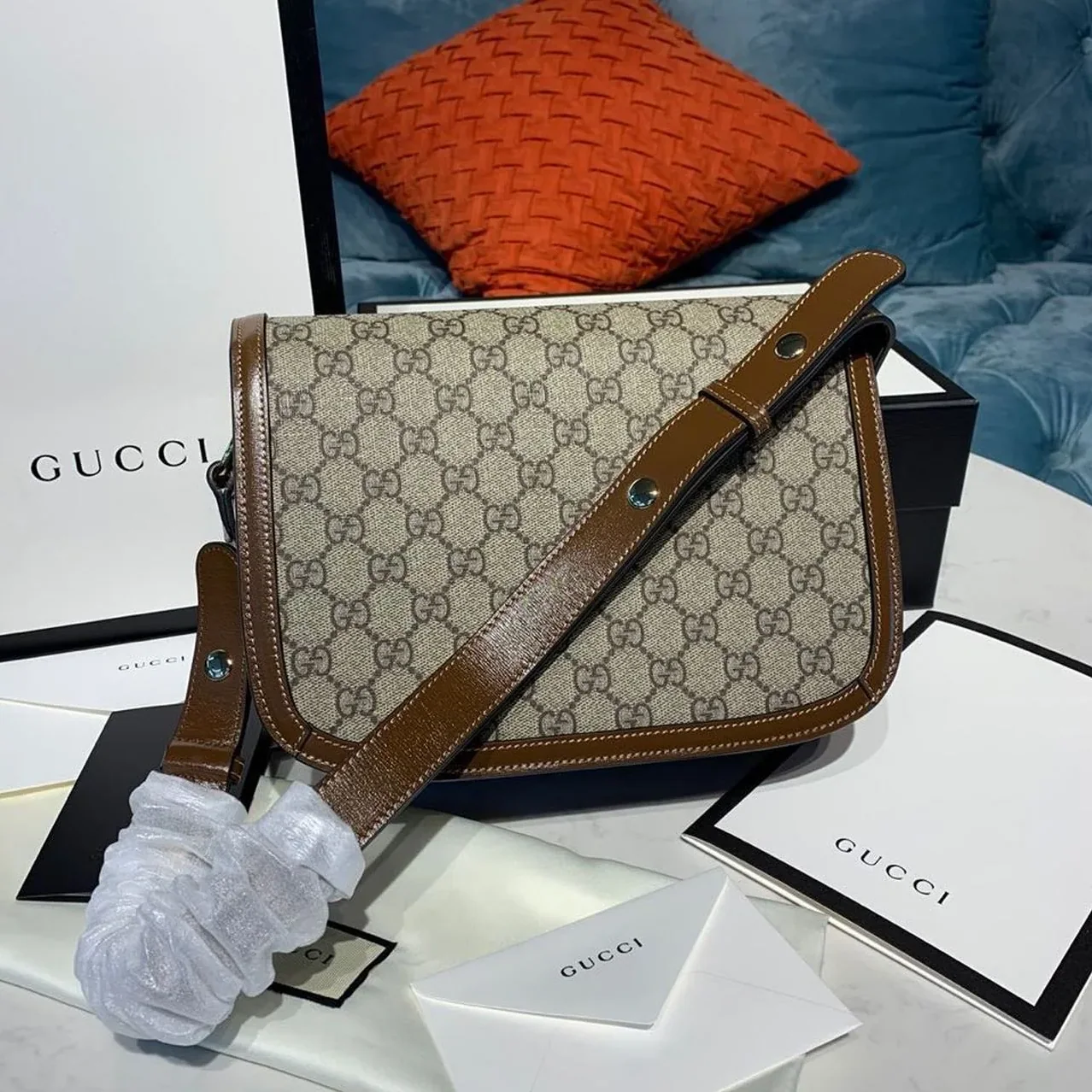 Gucci Horsebit 1955 Shoulder Bag Beige/Ebony GG Supreme Canvas With Brown / Gucci Horsebit 1955 Shoulder Bag Beige/Ebony GG Supreme Canvas With Brown /