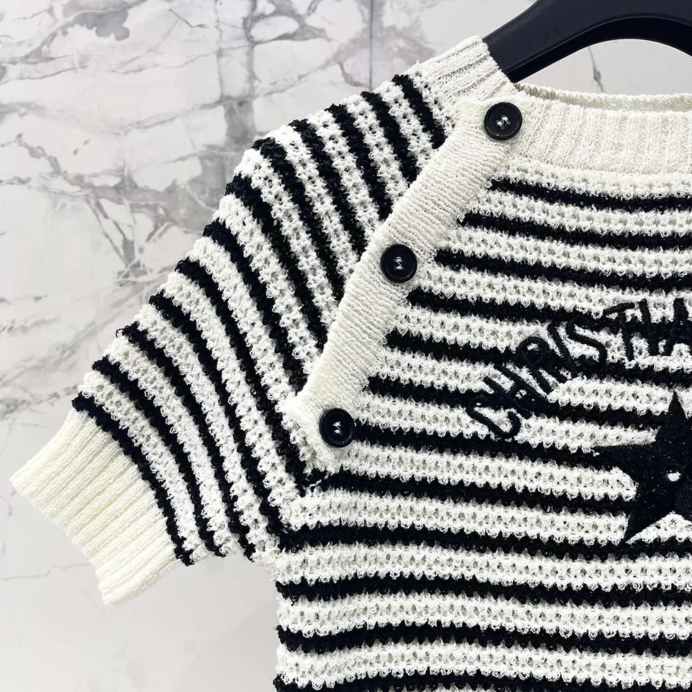 Dior Marinière Short-Sleeved Sweater White and Navy Blue Cotton and Silk Knit for Women Dior Marinière Short-Sleeved Sweater White and Navy Blue Cotton and Silk Knit for Women