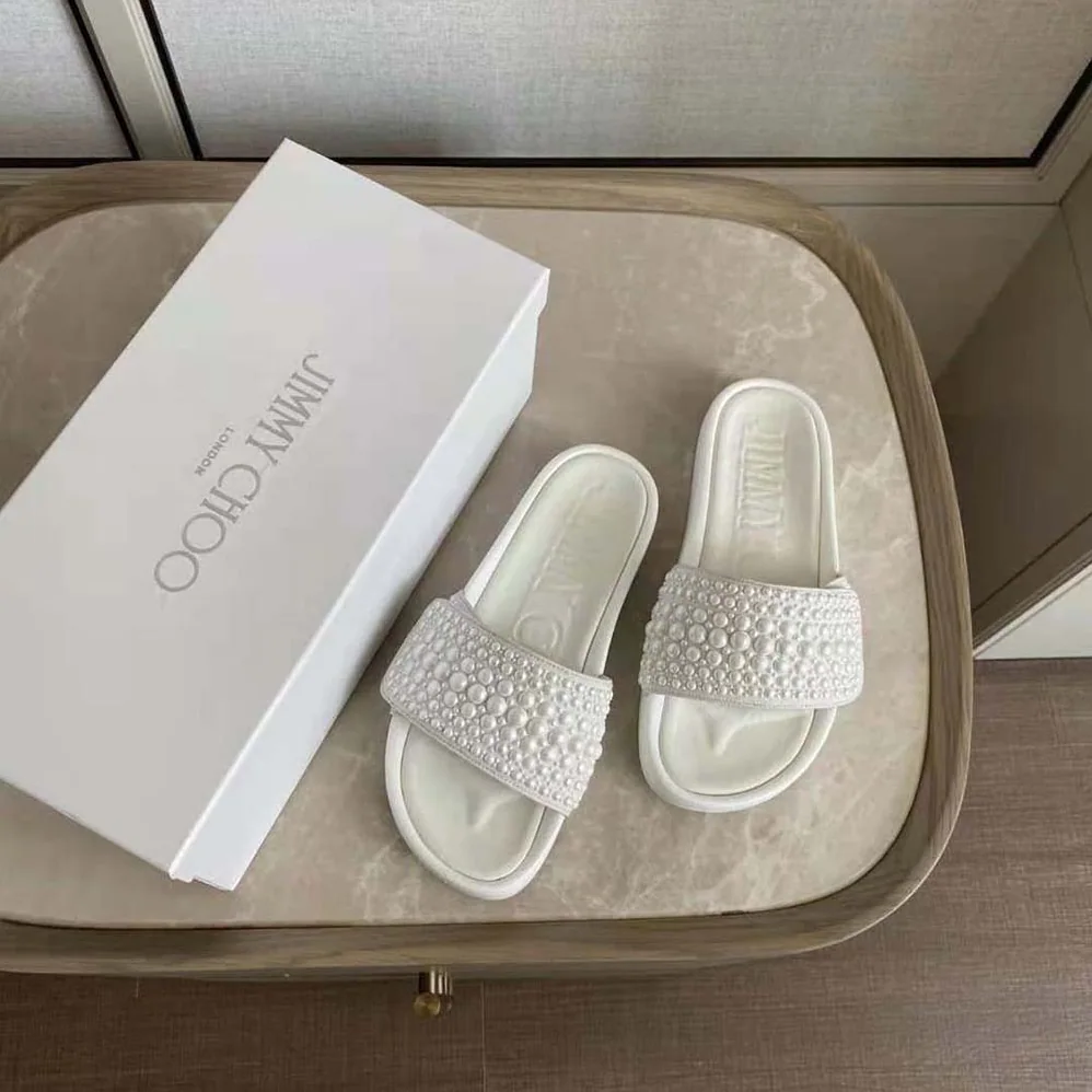 Jimmy Choo Fitz/F White Canvas and Leather Pool Slides with Pearls for Women Jimmy Choo Fitz/F White Canvas and Leather Pool Slides with Pearls for Women