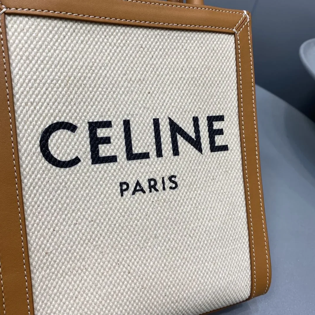 Celine Mini Vertical Cabas Celine In Textile With Celine Print White/Brown / .02NT Celine Mini Vertical Cabas Celine In Textile With Celine Print White/Brown / .02NT