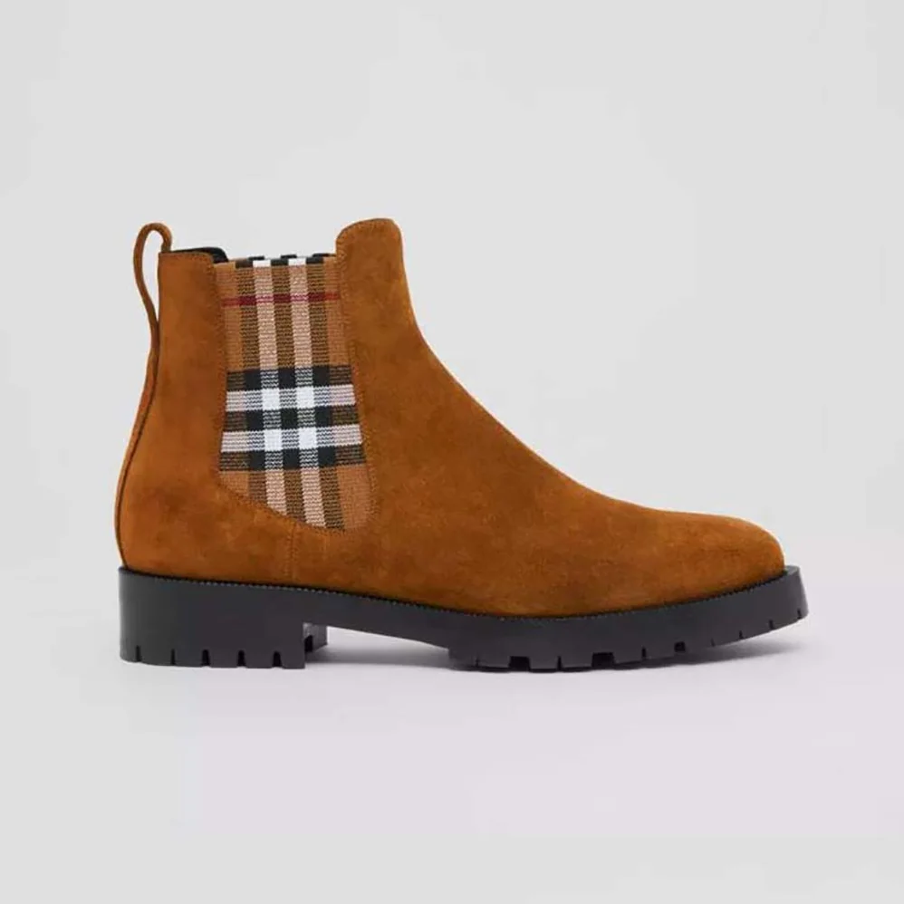 Burberry Vintage Check Detail Suede Chelsea Boots for Women in Brown Burberry Vintage Check Detail Suede Chelsea Boots for Women in Brown