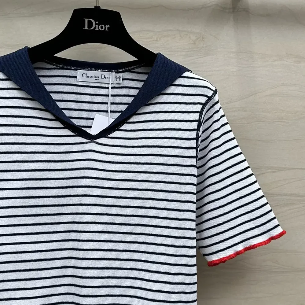 Dior Dioriviera Sweater White and Navy Blue Linen, Cashmere and Silk Ribbed Knit for Women Dior Dioriviera Sweater White and Navy Blue Linen, Cashmere and Silk Ribbed Knit for Women