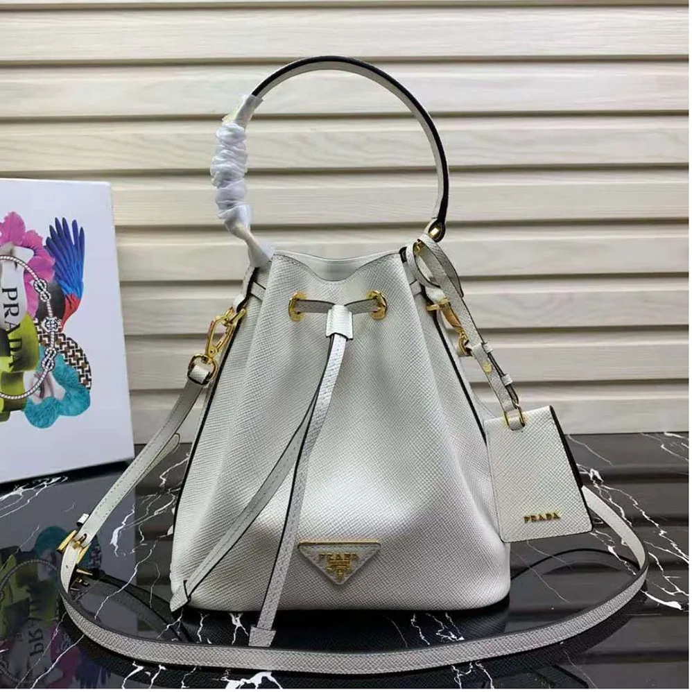 Prada Saffiano Leather Bucket Bag for Women in White Prada Saffiano Leather Bucket Bag for Women in White