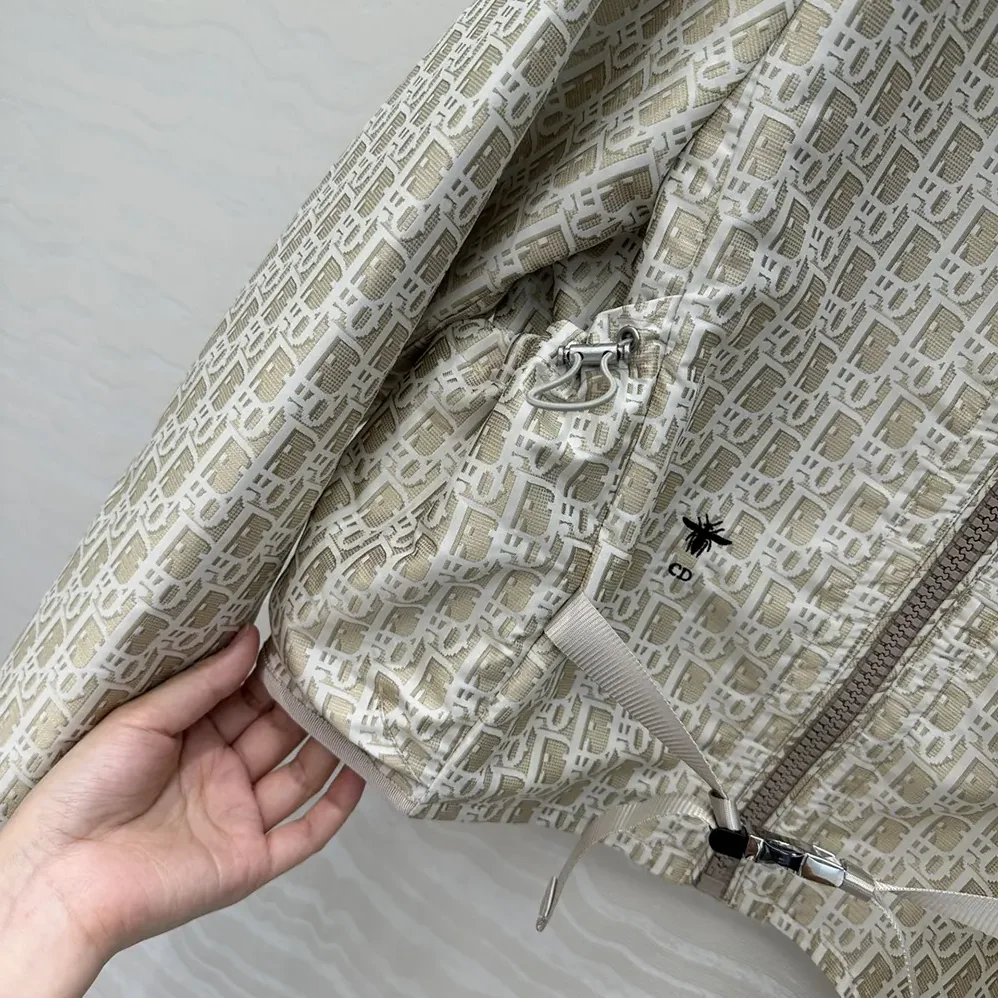 Dior Cropped Hooded Jacket Beige Technical Jacquard Taffeta with Dior Oblique Motif for Men
