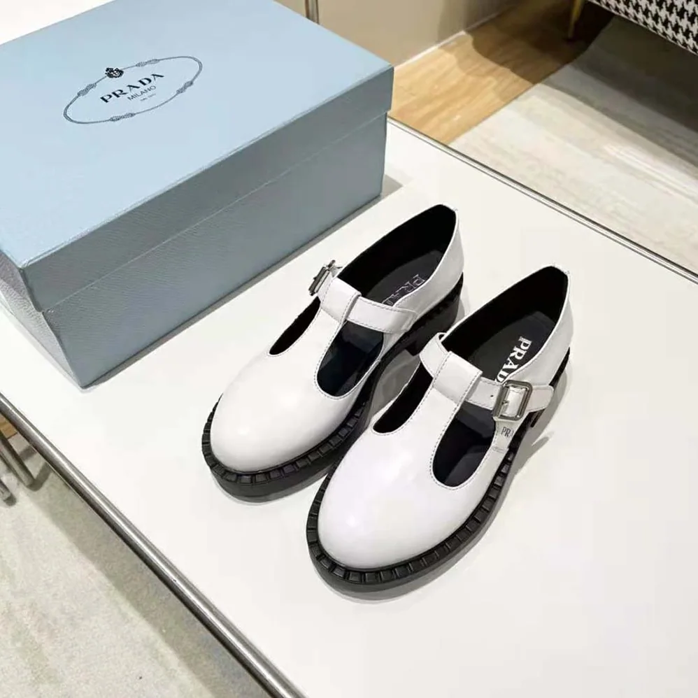 Prada Brushed-Leather Mary Jane T-Strap Shoes for Women in White Prada Brushed-Leather Mary Jane T-Strap Shoes for Women in White
