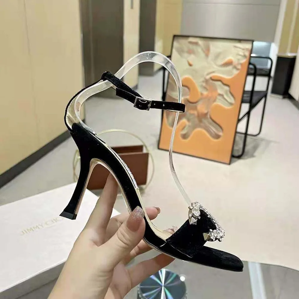 Jimmy Choo Marsai 90 Black Suede Sandals with Crystal Buckle for Women Jimmy Choo Marsai 90 Black Suede Sandals with Crystal Buckle for Women