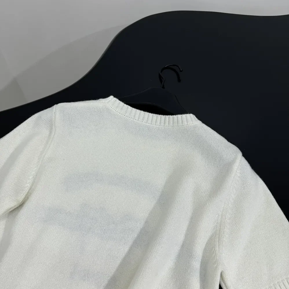 Dior Short-Sleeved Sweater White Cashmere Knit with Black Christian Dior Papillon Motif for Women