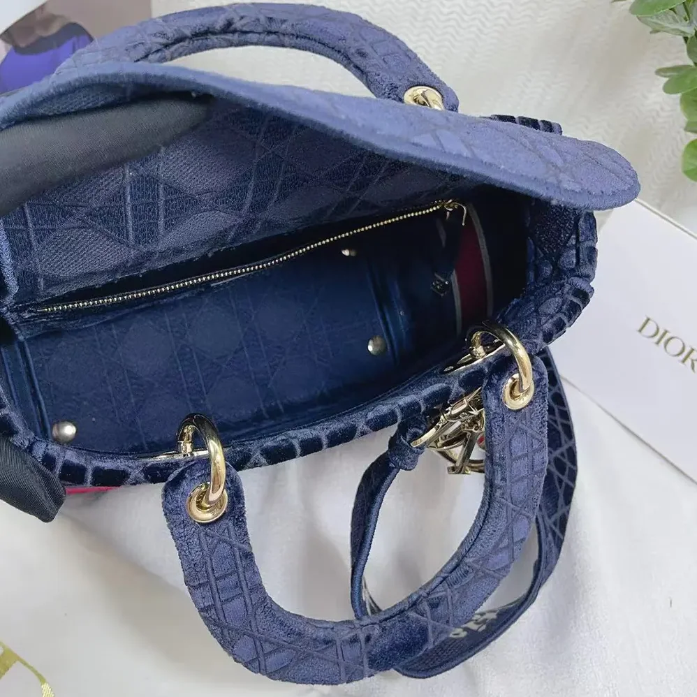 Dior Medium Lady D-lite Bag Blue Velvet Cannage Embroidery for Women Dior Medium Lady D-lite Bag Blue Velvet Cannage Embroidery for Women