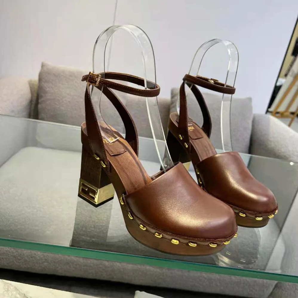 Fendi Baguette Show Brown Leather High for Women in Heeled Clogs Fendi Baguette Show Brown Leather High for Women in Heeled Clogs