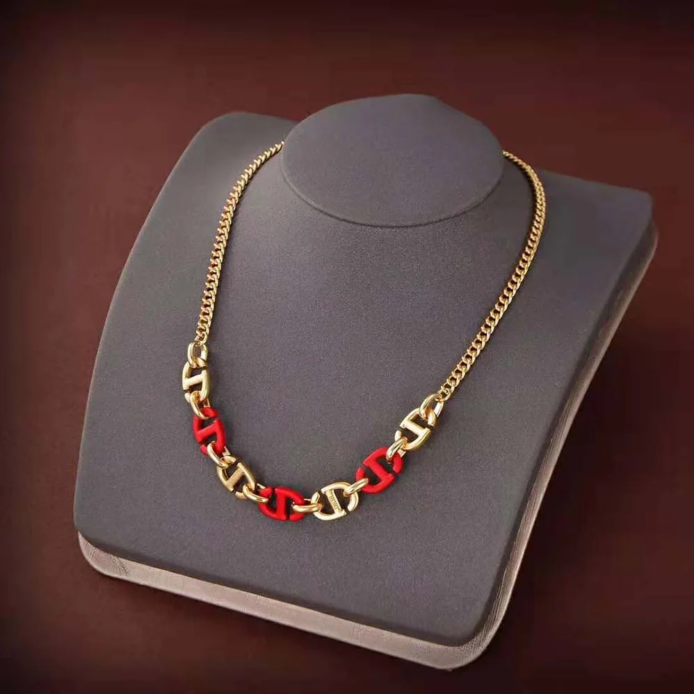 Dior CD Navy Necklace Gold-Finish Metal and Raspberry Lacquer for Women