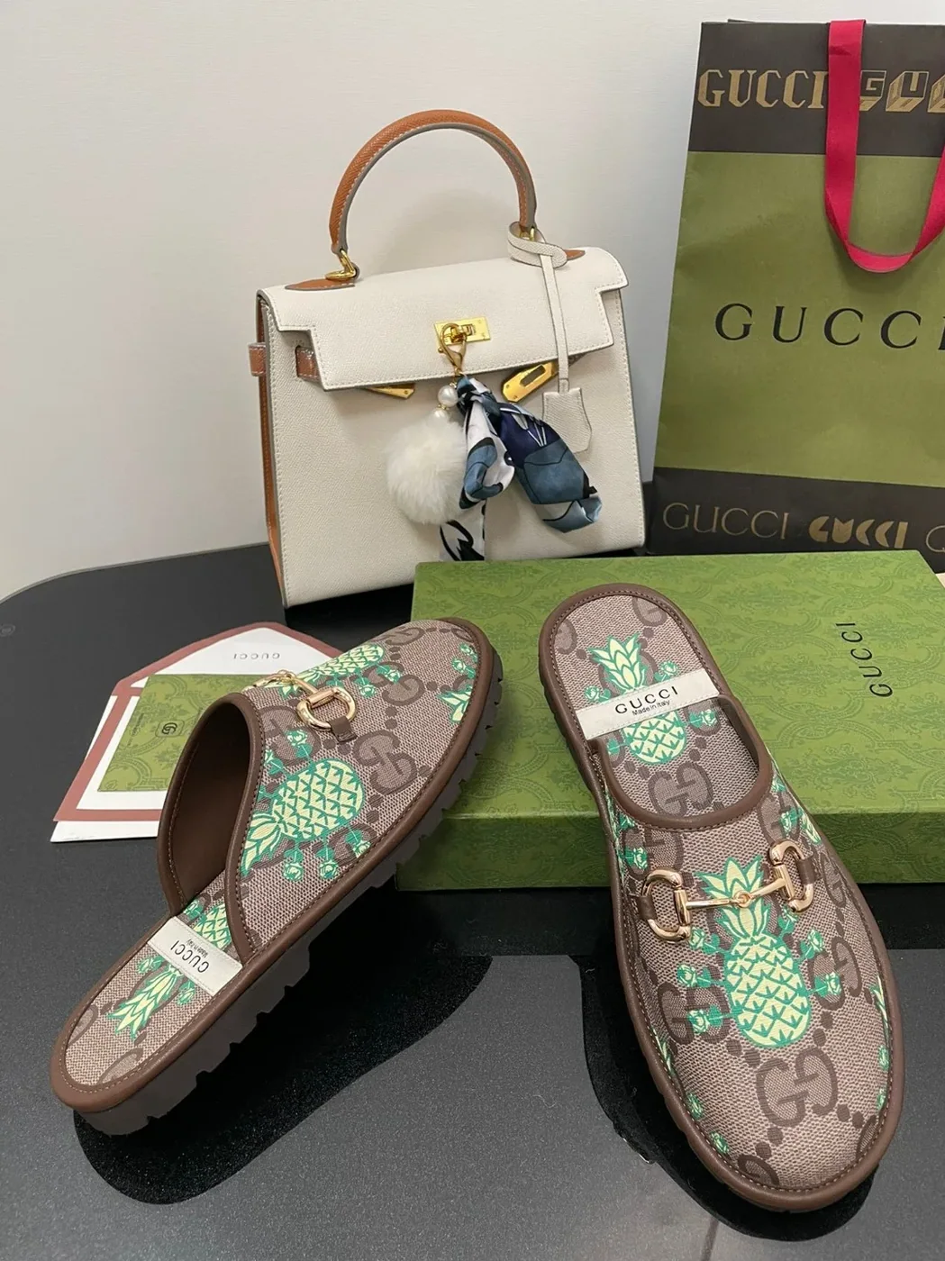 Gucci GG Slipper With Horsebit Brown in Pineapple Print GG Shoes for Men Gucci GG Slipper With Horsebit Brown in Pineapple Print GG Shoes for Men