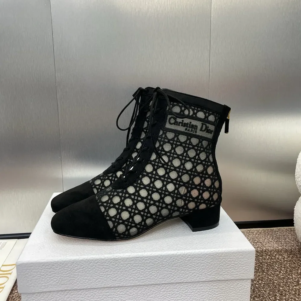 Dior Naughtily-D Heeled Ankle Boot Transparent Mesh Embroidered with Black Cannage Motif for Women Dior Naughtily-D Heeled Ankle Boot Transparent Mesh Embroidered with Black Cannage Motif for Women