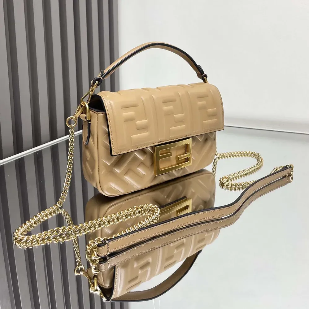 Fendi Baguette Mini Dove Gray Nappa Leather Bag with FF Motif for Women