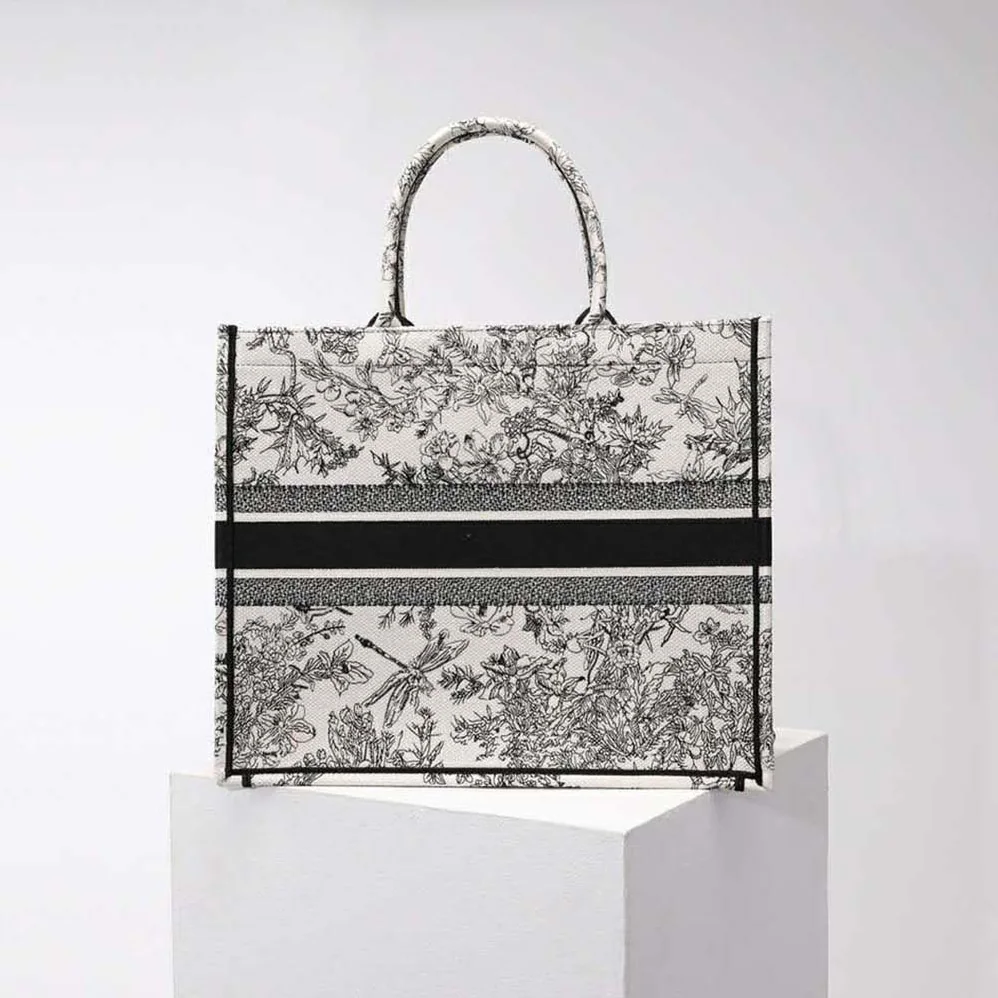 Dior Large Dior Book Tote Blue Toile de Jouy Flowers Embroidery for Women
