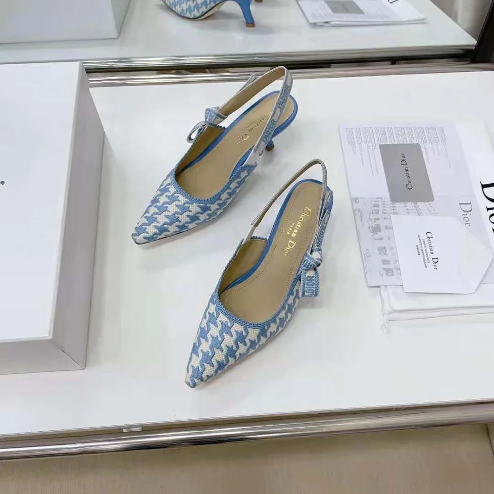 Dior J Adior Slingback Pump Cornflower Blue Cotton Embroidery with Micro Houndstooth Motif for Women Dior J Adior Slingback Pump Cornflower Blue Cotton Embroidery with Micro Houndstooth Motif for Women